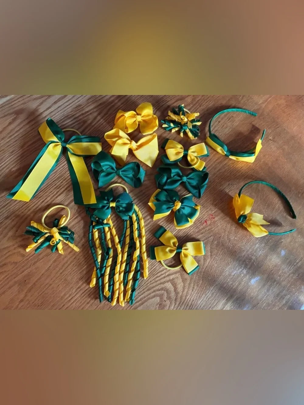Yellow and Green Ribbon Kids Hair Bows, Headbands & Ponytail set (14 items)